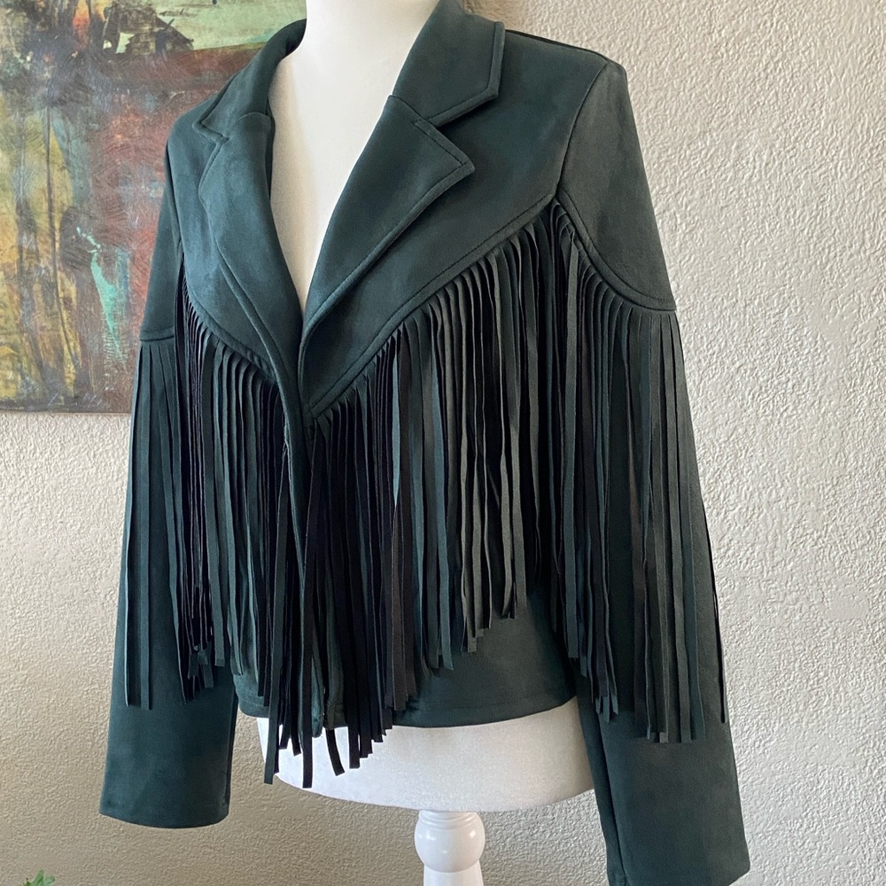 Dark Green Trendy Fringe Jacket, size M. New without tags.